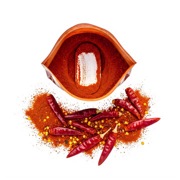 Red chili powder in a wooden bowl with dry chili peppers isolated on transparent background, illustration
