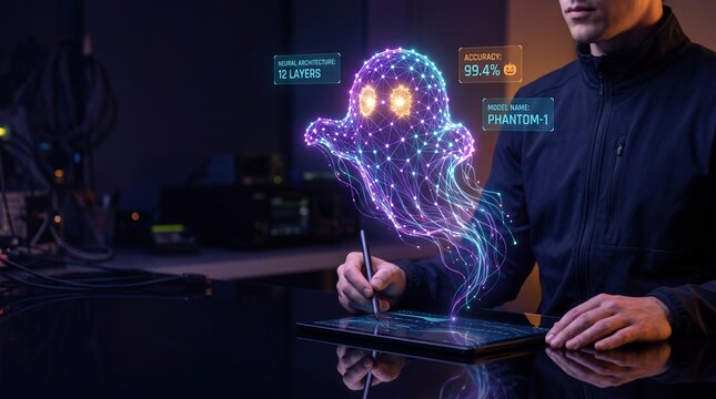 AI neural network forming a ghost shaped architecture with machine learning accuracy and model analysis in a dark futuristic Halloween technology workspace