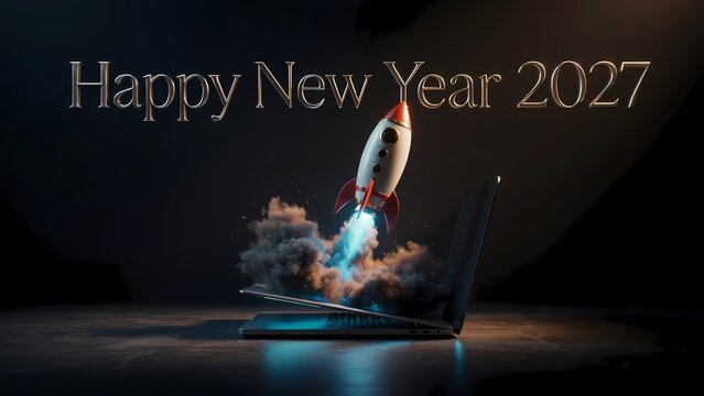 Happy New Year 2027 celebration concept illustration. Toy rocket launching from a laptop screen with smoke and fire. Festive typography banner