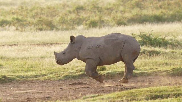 Video footage of a young rhinoceros calf running and playing in the grassland near Lake Nakuru in Lake Nakuru National Park, Kenya.
