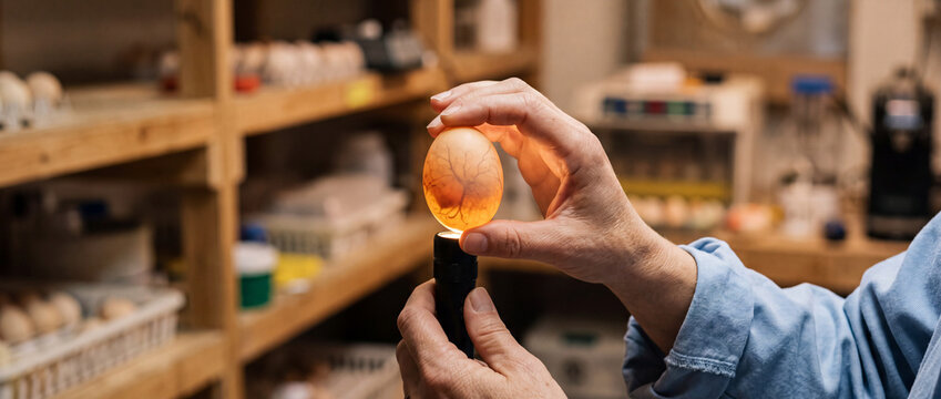 Hands candling fertile egg over light in hatchery incubator for poultry inspection and hatching