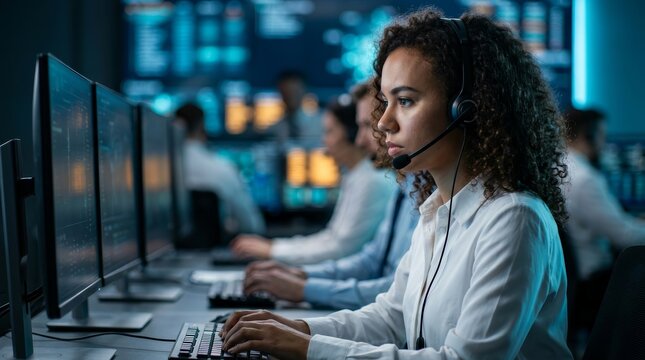 Professional public safety professionals communicating in a modern dispatch center.