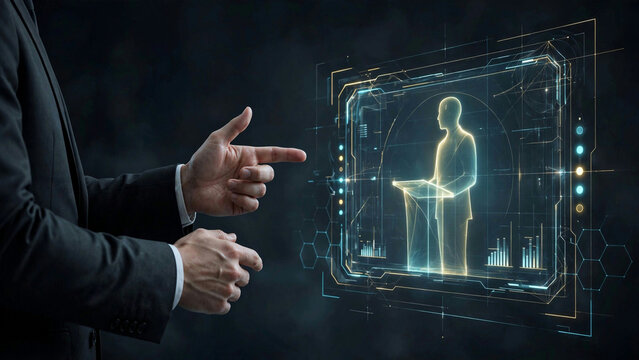 Businessman interacting with futuristic holographic interface and speaker projection