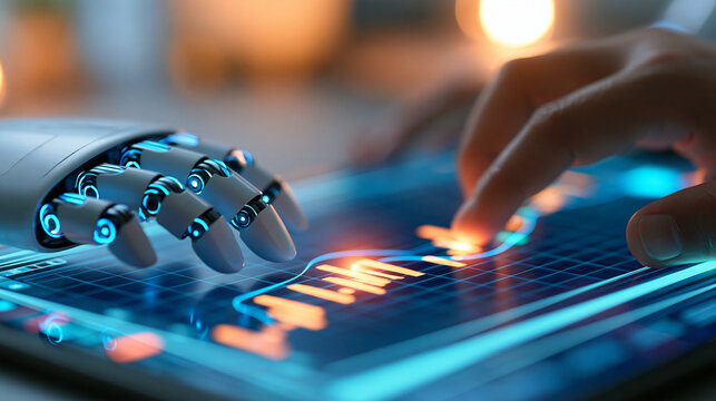 Close-up robotic fingers interacting with a digital market trend graph, financial data analysis, AI forecasting, algorithmic technology, digital finance, predictive analytics,