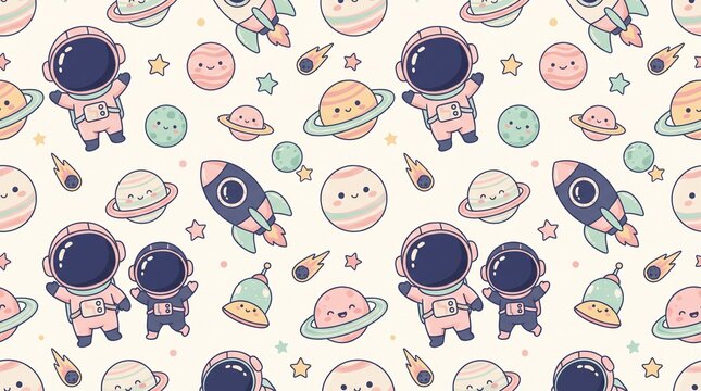 Seamless pattern with kawaii space theme featuring cute astronauts, rockets, and smiling planets in pastel navy and pink isolated on white background