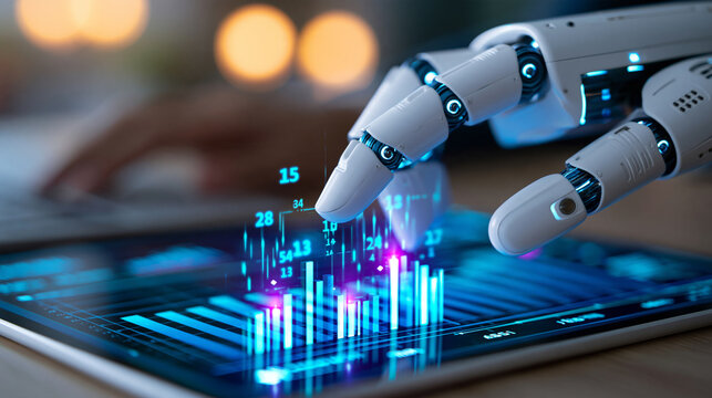 Close-up robotic fingers manipulating a three-dimensional data graph with floating numerical elements, data science, artificial intelligence, visualization, predictive analytics,