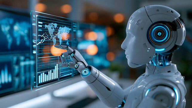 Futuristic robot analyzing global financial information on multiple transparent displays, AI-powered finance, predictive modeling, market intelligence, data science, digital