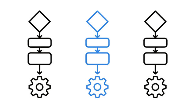 Flowchart diagrams with decision points and gears illustrate a process or system diagram point gear outline lineart vector illustration