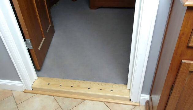 Wooden threshold strip with screws between carpet and tiled floor.