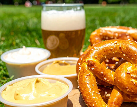 Park grass hosts a spread of craft beer, crunchy pretzels, and creamy dips captured with a high-contrast, unfiltered flash look.