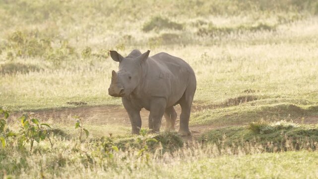 Video footage of a young rhinoceros calf running and playing in the grassland near Lake Nakuru in Lake Nakuru National Park, Kenya.