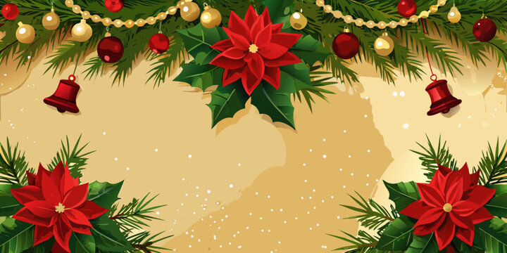 Festive Christmas Decorative Border with Poinsettias and Ornaments