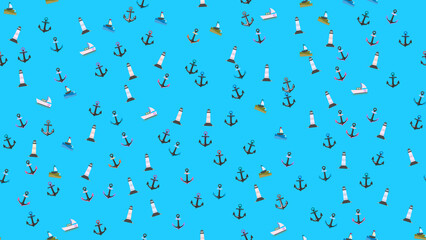 Nautical Pattern with Anchors, Lighthouses, and Sailboats © vi