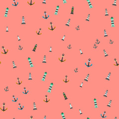 Nautical pattern with lighthouses and anchors © vi