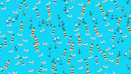 Nautical Pattern with Lighthouses, Sailboats, and Anchors © vi