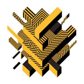 Abstract Isometric 3D Geometric Shapes with Striped Patterns