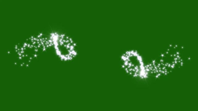 Magical fairy dust trail, shimmering light bursts, glowing star line effect, twinkling star particles, magic sparkles glitter blast stars, sparkling doodle stars on green screen background.