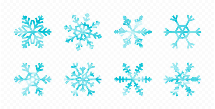 Blue watercolor snowflakes set. Snowflakes made from watercolor texture on paper, transparent background. Winter and Christmas design elements. Vector.