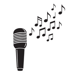 Fototapeta premium Black Microphone with Music Notes floating Silhouette Vector, High Quality Illustration on White Background