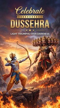 Lord Rama aiming bow at ten headed Ravana during Dussehra festival celebration with fire background