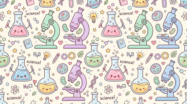 cute kawaii science flasks and microscopes with blush cheeks in a pastel educational aesthetic isolated on white background