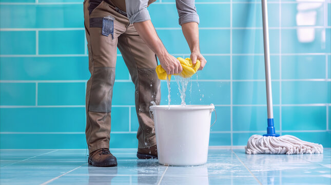 Janitor wringing out yellow rag into plastic bucket in bathroom. Professional cleaner performing floor maintenance in commercial facility.