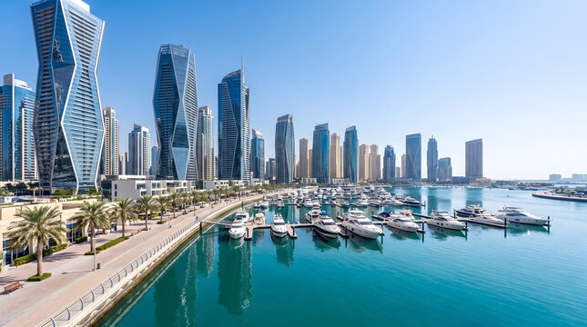 Dubai marina skyline with modern skyscrapers, luxury yachts docked in turquoise water, and palm trees along the waterfront promenade