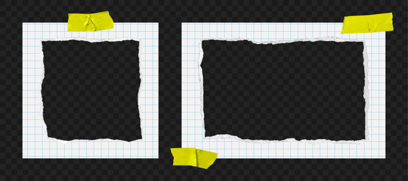 Paper frames made from notebook paper with torn edges and adhesive tapes. Rectangular and square frame cut from squared paper with ripped edges and sticky tapes at transparent background. Vector