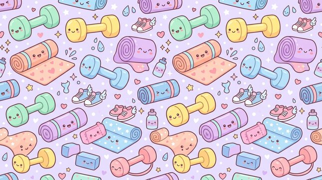 Seamless pattern with kawaii yoga mats and dumbbells with cute faces in a pastel fitness aesthetic isolated on white background