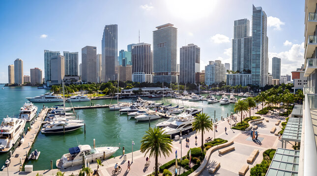 Miami skyline and downtown waterfront marina with luxury yachts, skyscrapers, and palm trees on a sunny day in florida