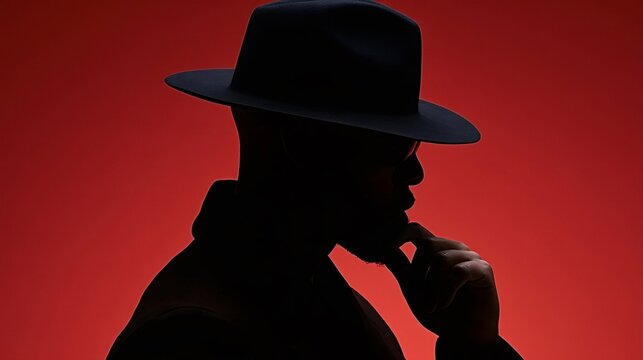 Man in silhouette wearing a fedora hat, looking contemplative with a hand on his chin, creating a mysterious and moody profile against a vibrant red background