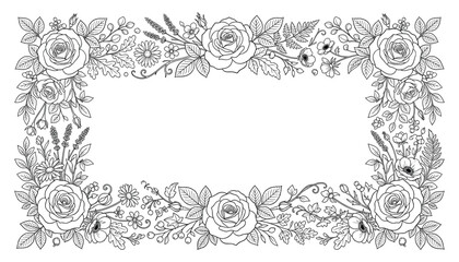 Obraz premium Elegant Black and White Floral Frame with Roses, Wildflowers, Leaves, and Botanical Line Art for Wedding Invitations, Cards, and Decorative Designs