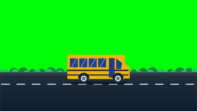 Bright yellow school bus driving on a road with green grass background minimalist vector illustration