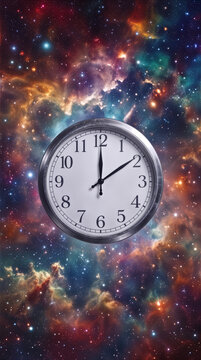Analog clock floating in deep space against vibrant nebula background. Concept of time travel and cosmic infinity.