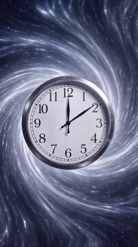 Analog clock floating in swirling cosmic vortex. Time travel and space-time continuum concept in deep space.