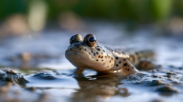 Mudskipper fish standing on the wet muddy ground, observing its environment with prominent eyes, showing its unique adaptation to both aquatic and terrestrial life in a natural wetland