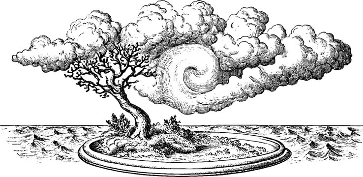 Antique engraved anticyclone illustration with swirling cloud and tree on small island isolated on white background for weather poster and background design