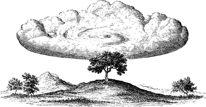 Vintage engraving of a flat anticyclone cloud hovering over a hill with trees isolated on white for meteorology charts and decorative background design