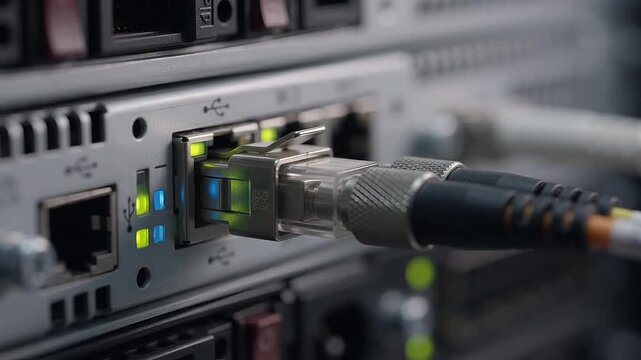 Fiber optic connector plugged into network server panel, glowing blue and white optical data transmission signals, high speed telecommunications in server room