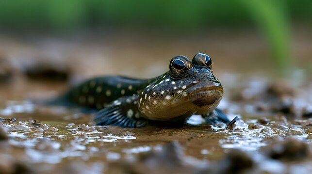 Mudskipper fish is an amphibian moving across wet mud and shallow water in a wetland environment, showcasing its unique adaptations for living both in and out of water