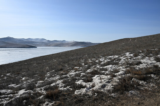 Maloe Sea Strait near Ogoy Island on Lake Baikal in winter