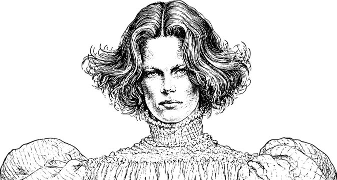 Antique engraving of a farm woman portrait with puffed sleeves isolated for vintage fashion background poster and label design