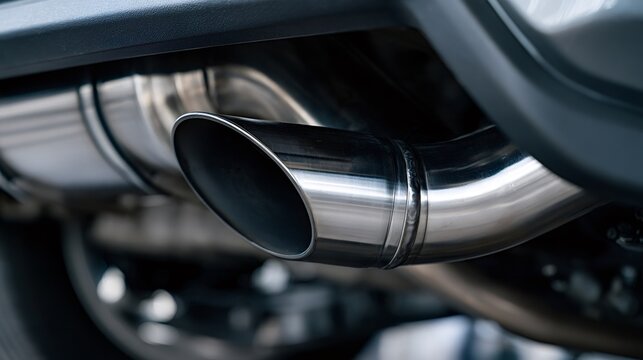Polished stainless steel exhaust pipe and muffler under a modern car, chrome tailpipe and components showcased for automotive engineering, performance and custom upgrade detail