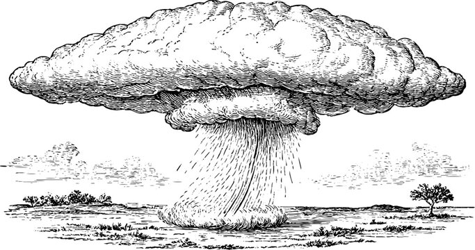 Antique engraving of a microburst mushroom cloud over landscape on white background for vintage weather or explosion poster and background design