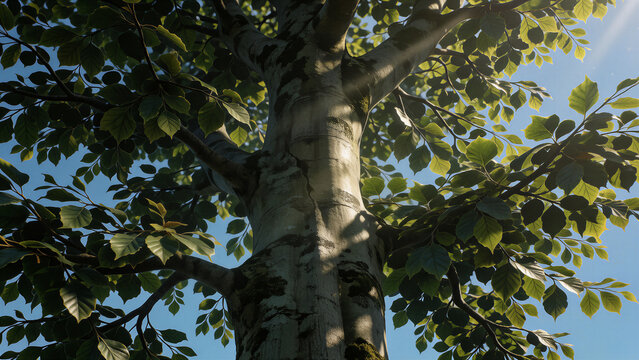 Hier steht nicht der gesamte Baum, sondern die typische Krone und Bl&auml;tter der Buche im Mittelpunkt. Dadurch bekommen wir eine zweite, v&ouml;llig andere Verwendungsm&ouml;glichkeit f&uuml;r dieselbe Baumart.