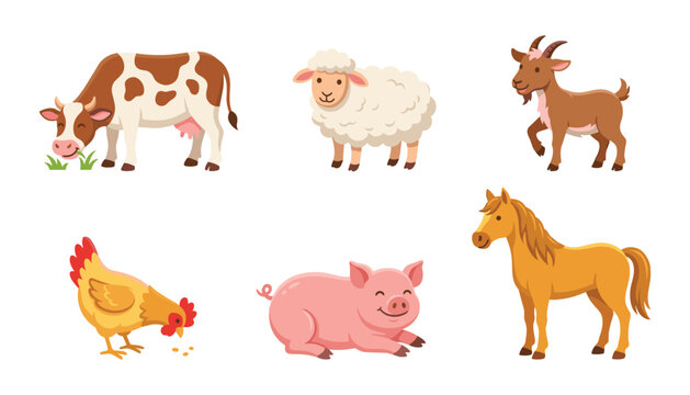 Farm Animal Collection with Cow, Sheep, Goat, Chicken, Pig, and Horse, Cute Cartoon Livestock Illustration for Educational and Rural Designs