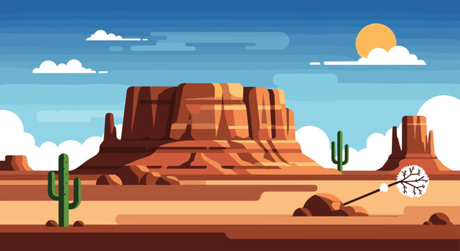 A captivating desert landscape featuring a prominent mesa, various cacti, and a rolling tumbleweed under a bright blue sky with clouds.