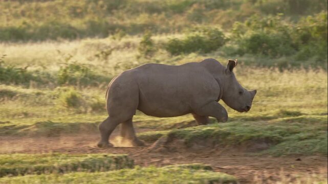 Video footage of a young rhinoceros calf running and playing in the grassland near Lake Nakuru in Lake Nakuru National Park, Kenya.