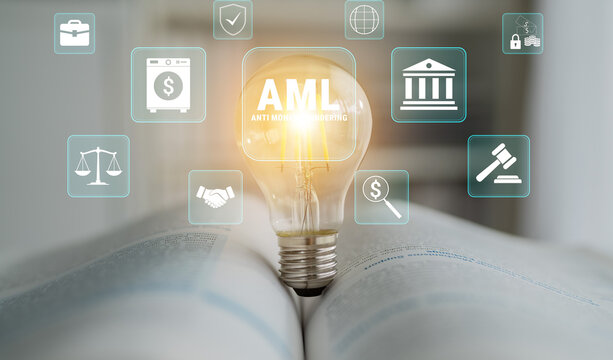 Illuminating Concepts of Anti-Money Laundering with Legal Symbolism and Financial Icons Represented by Light Bulb on Open Book. Glyphic.