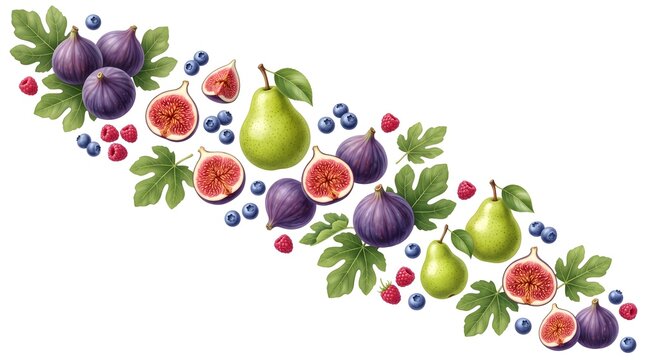 Watercolor illustration of a diagonal border featuring fresh figs green pears and scattered blueberries on white background